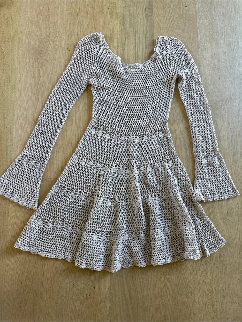Free People Soft Nude Crochet Long-Sleeve Flared Dress